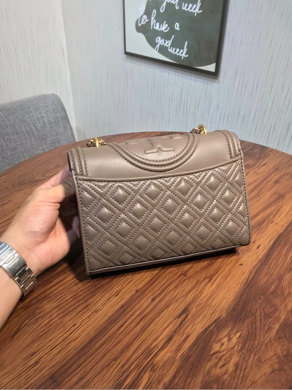 Tory Burch Quilted Taupe Crossbody with Gold Chain